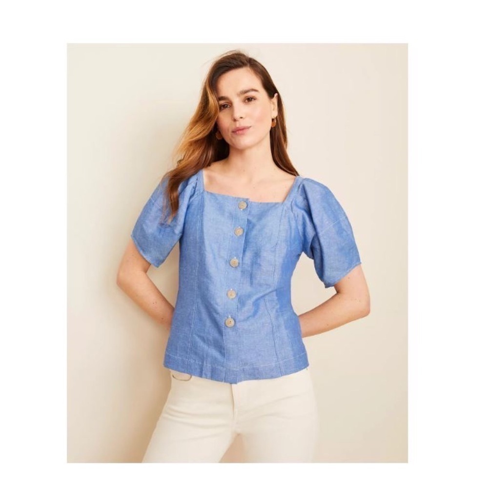 Ann Taylor chambray puff sleeve top blue buttoned XS linen cotton blend trendy